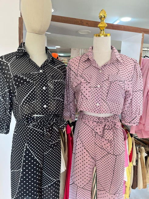 Hi-so Polka Dote Collar Crop Shirt With Fitted Pants